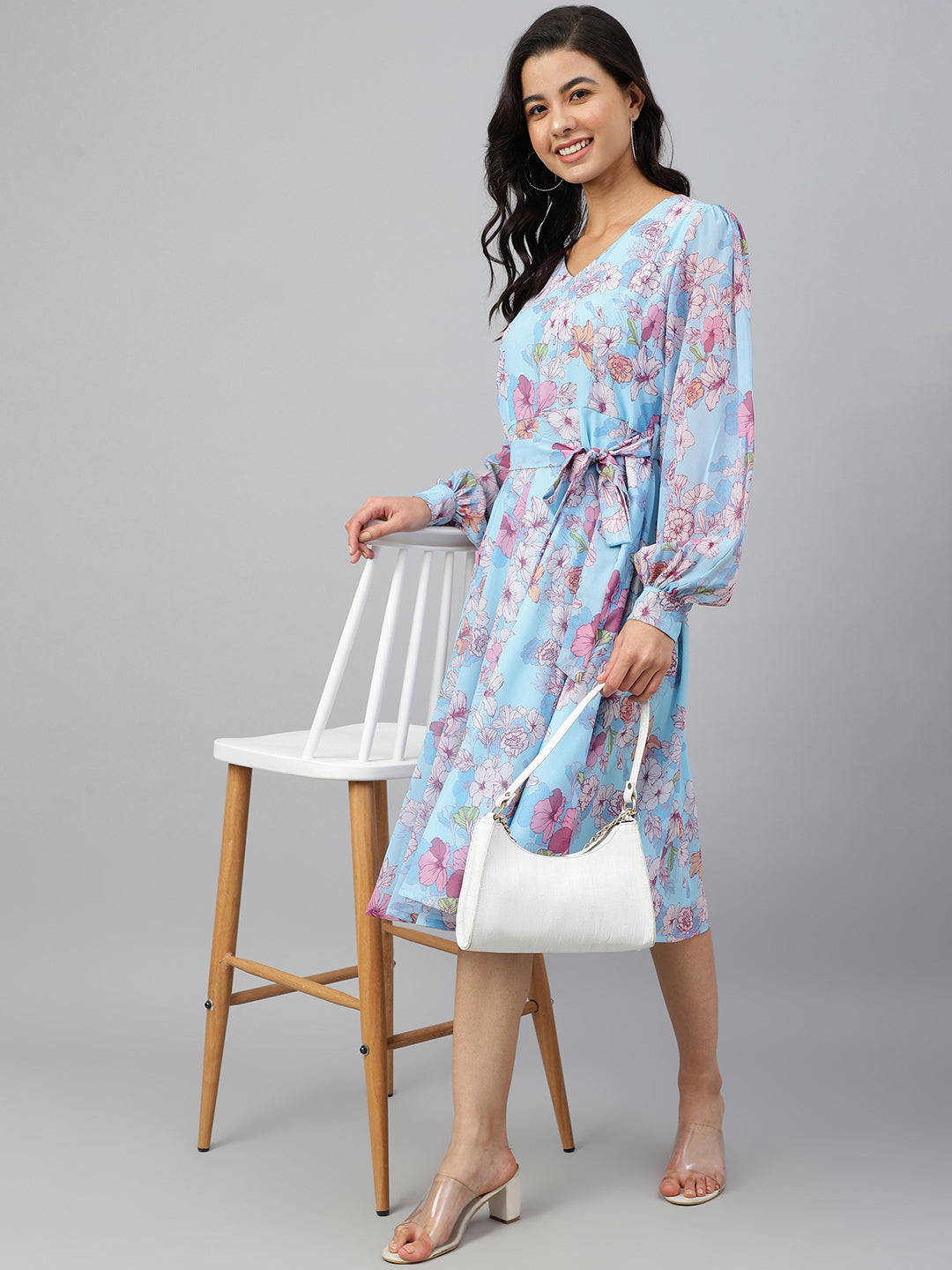 Janasya Women's Sky Blue Georgette Floral Printed Flared Western Dress 