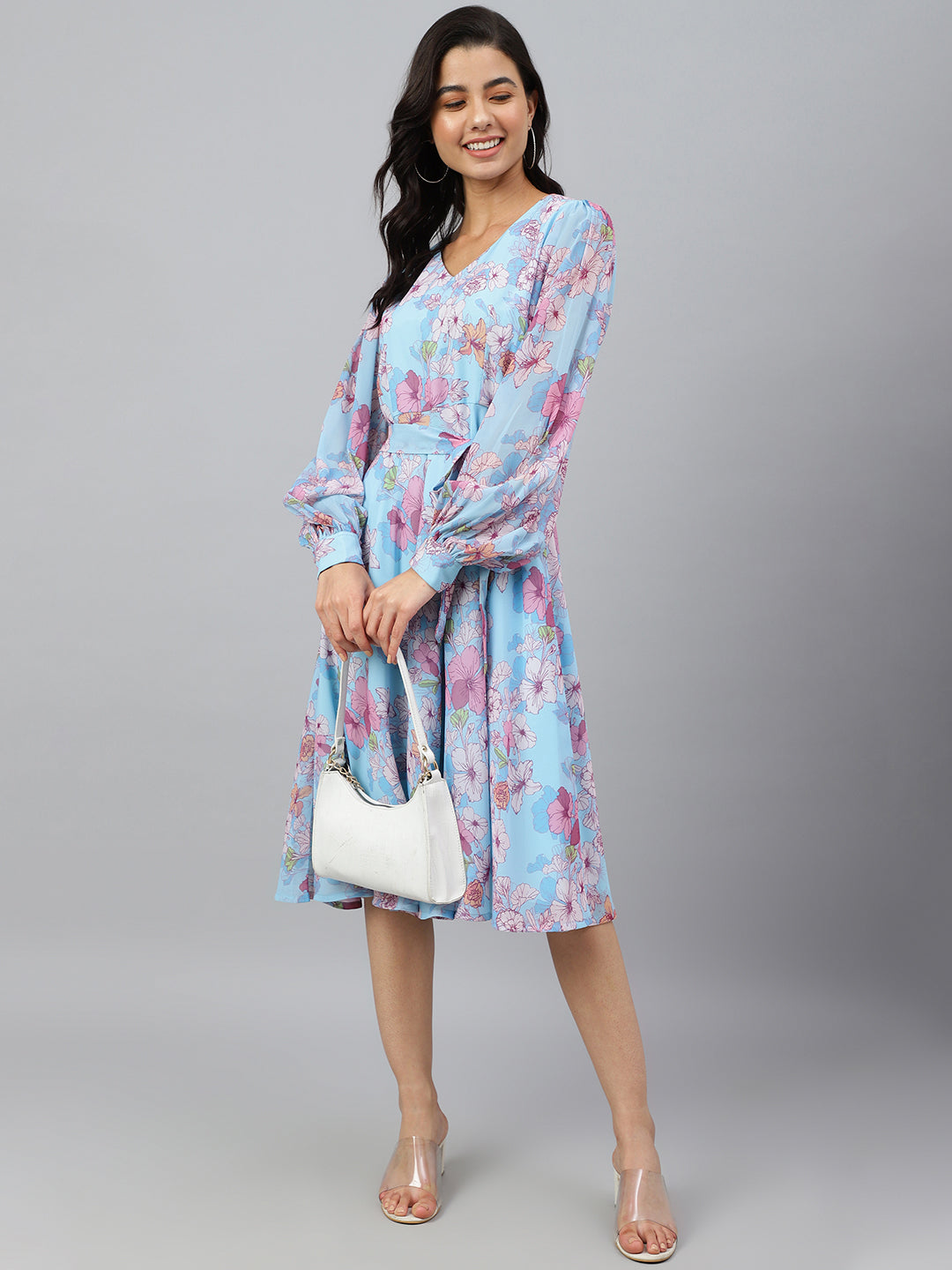 Janasya Women's Sky Blue Georgette Floral Printed Flared Western Dress 