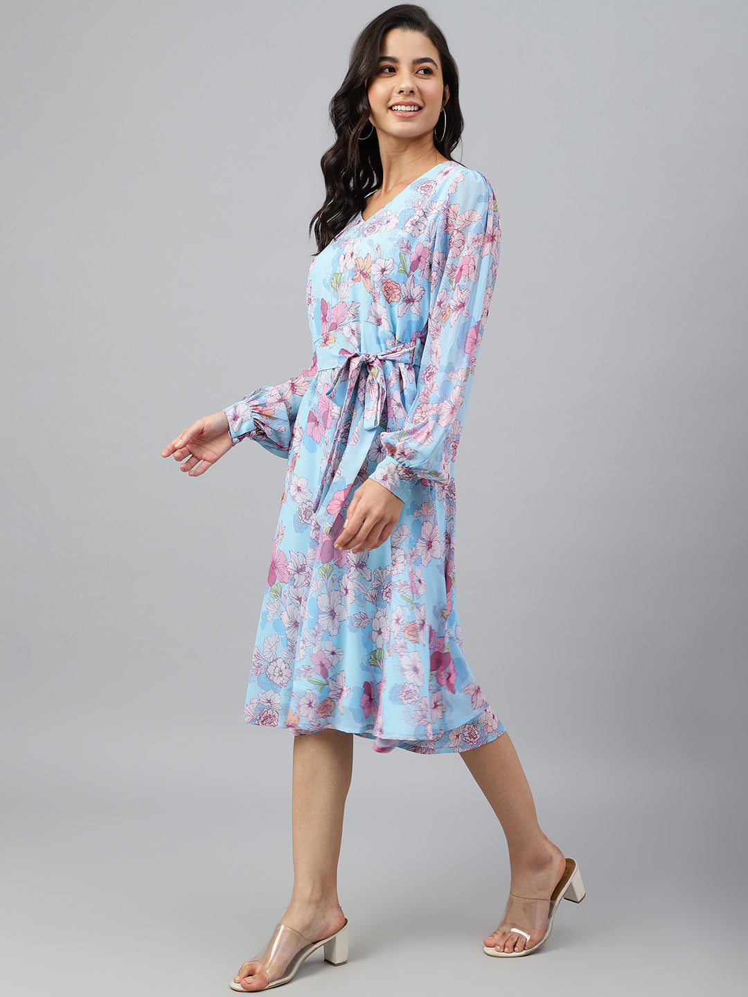 Janasya Women's Sky Blue Georgette Floral Printed Flared Western Dress 