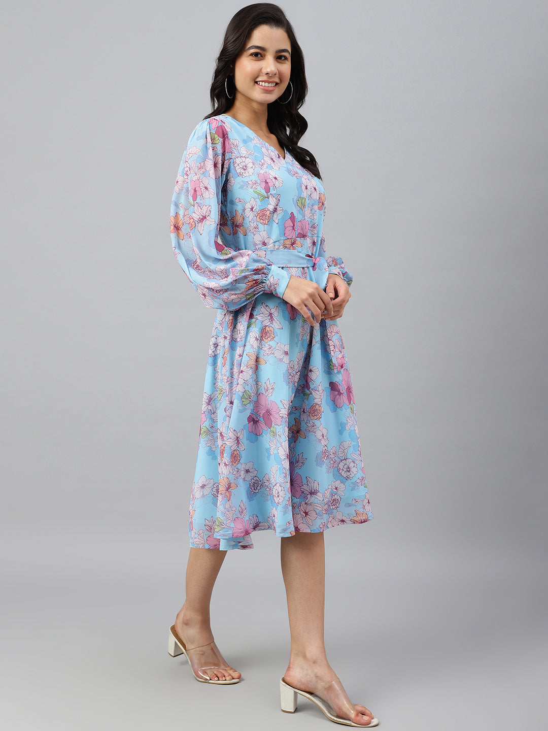 Janasya Women's Sky Blue Georgette Floral Printed Flared Western Dress 