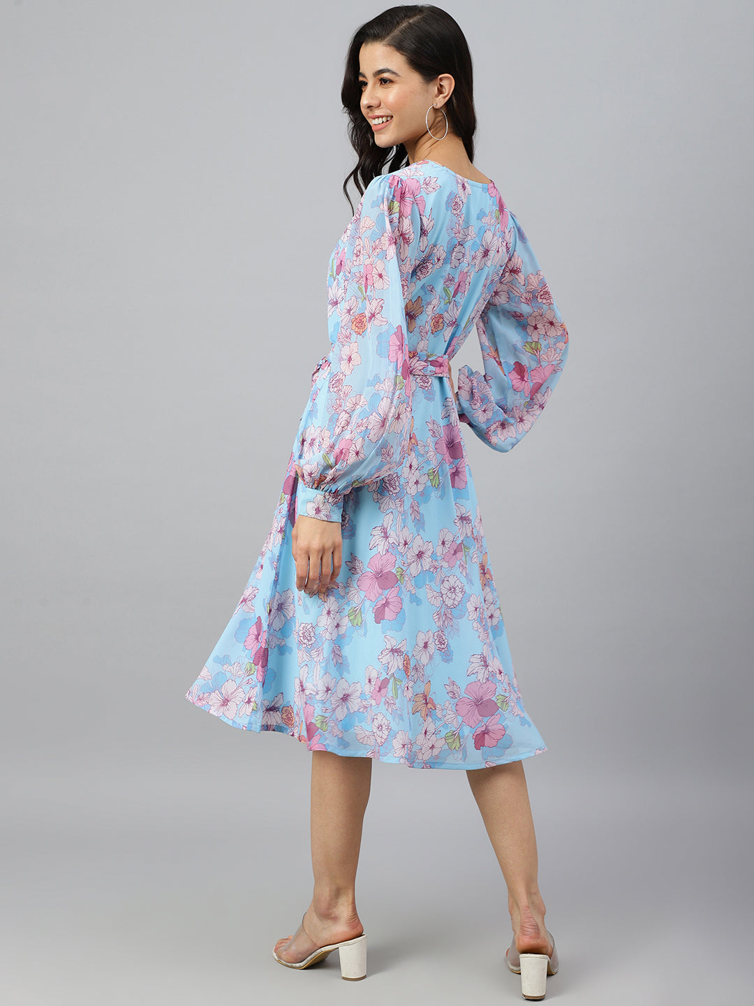 Janasya Women's Sky Blue Georgette Floral Printed Flared Western Dress 