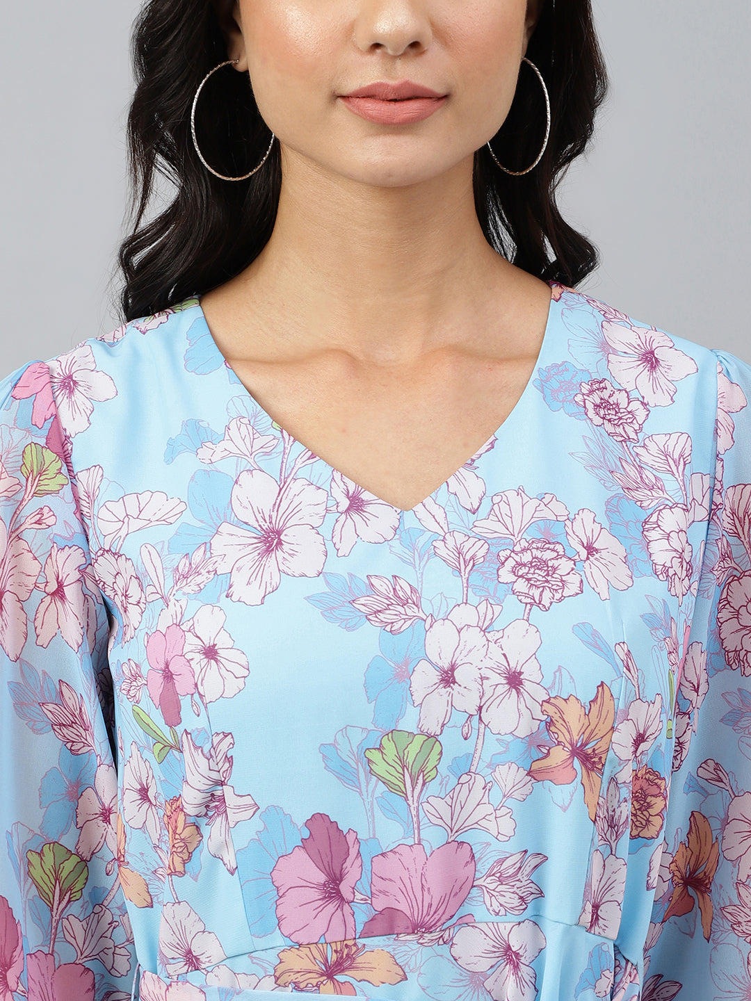 Janasya Women's Sky Blue Georgette Floral Printed Flared Western Dress 