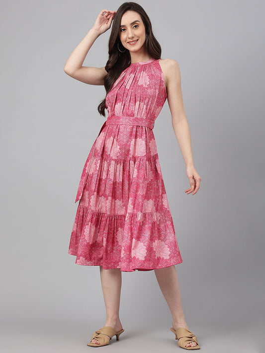 Janasya Women's Pink Crepe Digital Printed Tiered Western Dress 