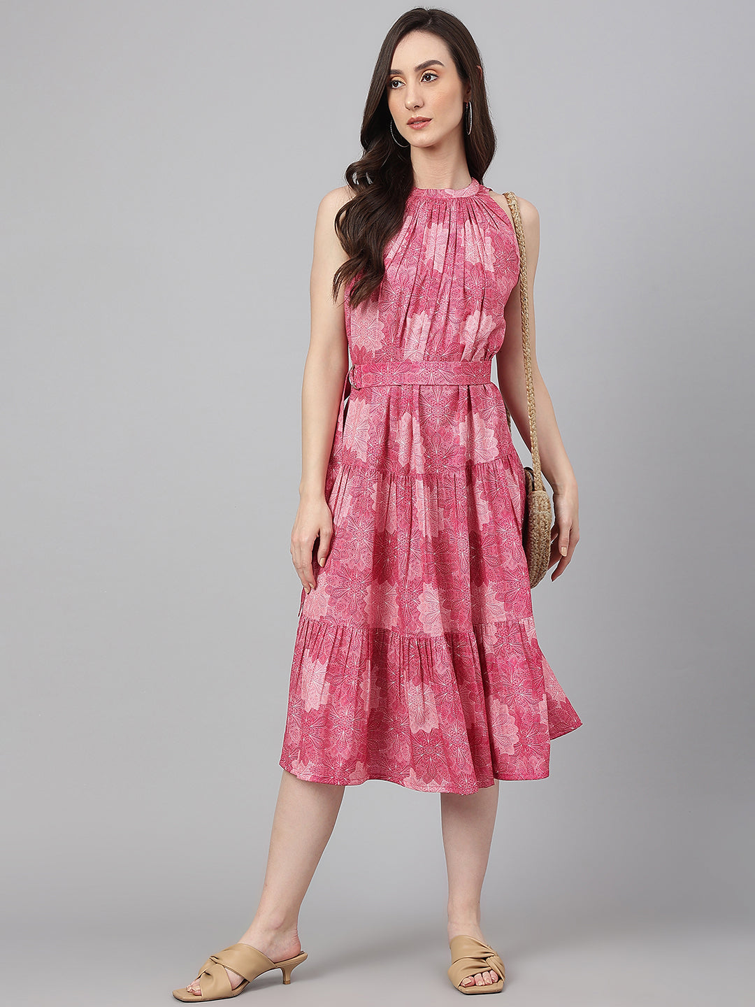 Janasya Women's Pink Crepe Digital Printed Tiered Western Dress 