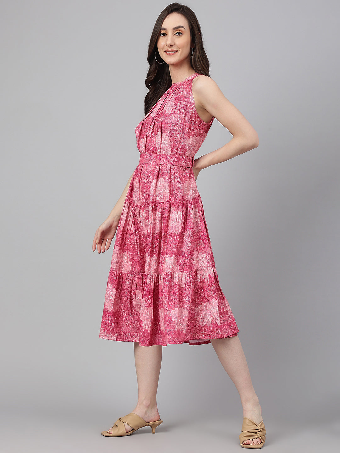 Janasya Women's Pink Crepe Digital Printed Tiered Western Dress 