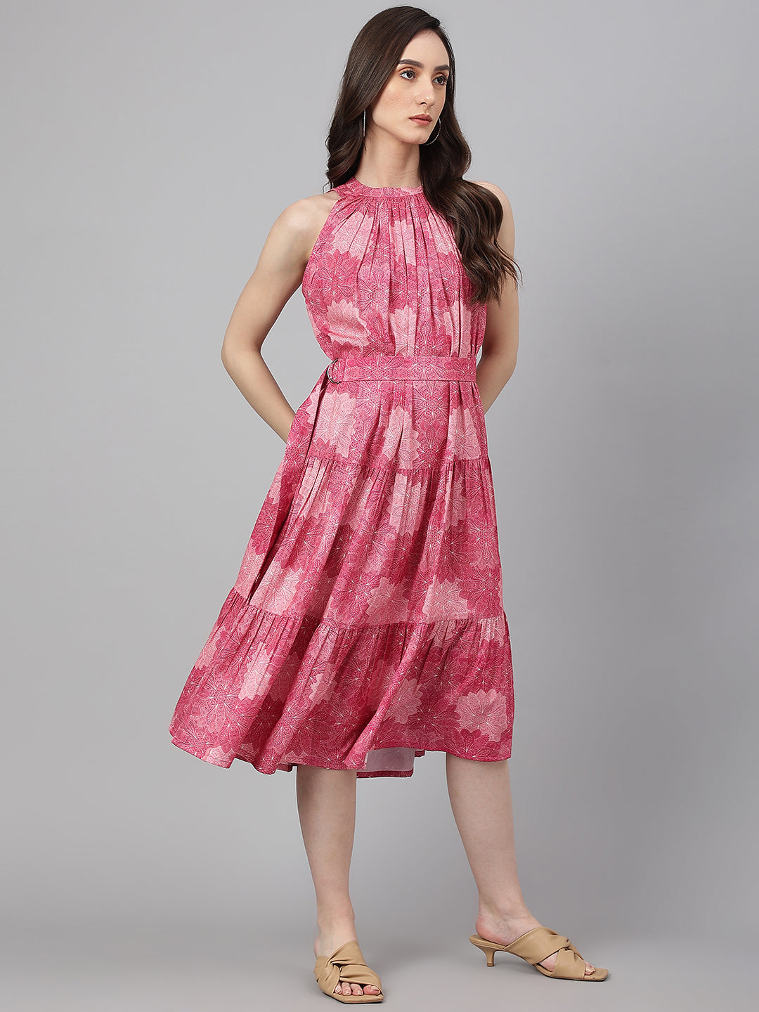 Janasya Women's Pink Crepe Digital Printed Tiered Western Dress 