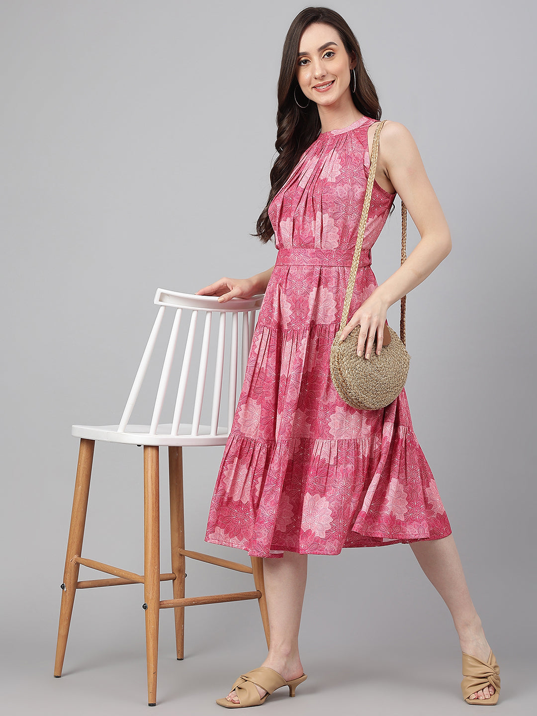 Janasya Women's Pink Crepe Digital Printed Tiered Western Dress 