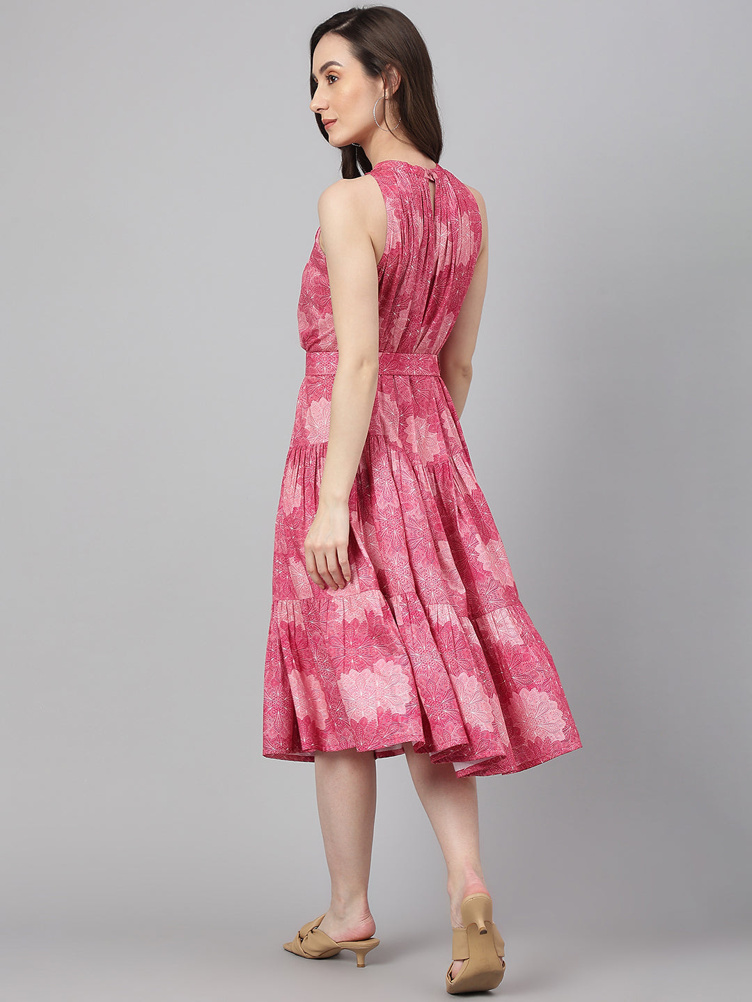 Janasya Women's Pink Crepe Digital Printed Tiered Western Dress 