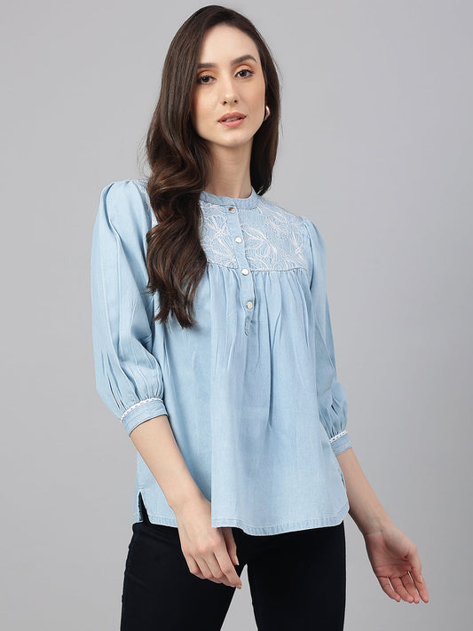 Janasya Women's Light Blue Denim Embroidered Flared Top 