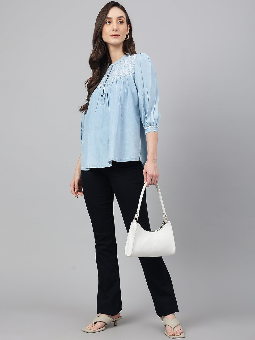 Janasya Women's Light Blue Denim Embroidered Flared Top 