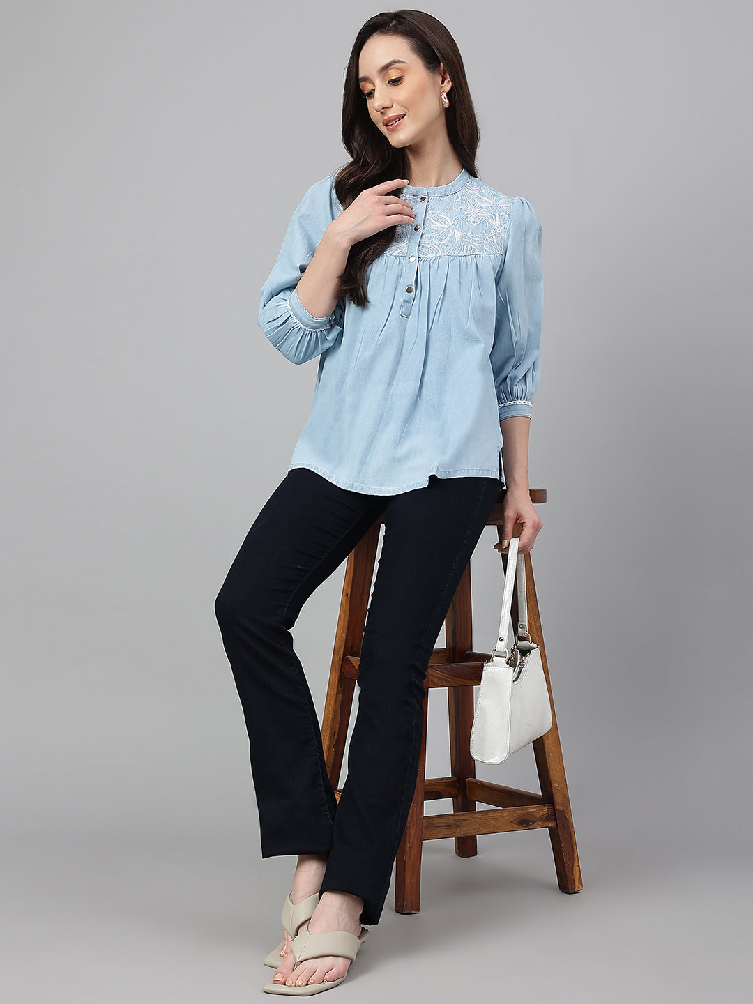 Janasya Women's Light Blue Denim Embroidered Flared Top 