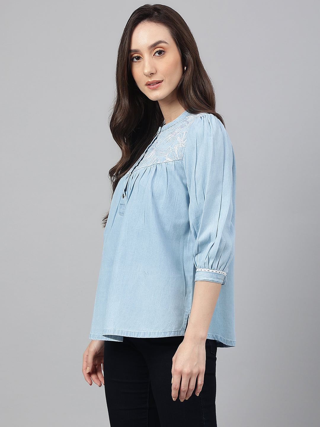 Janasya Women's Light Blue Denim Embroidered Flared Top 