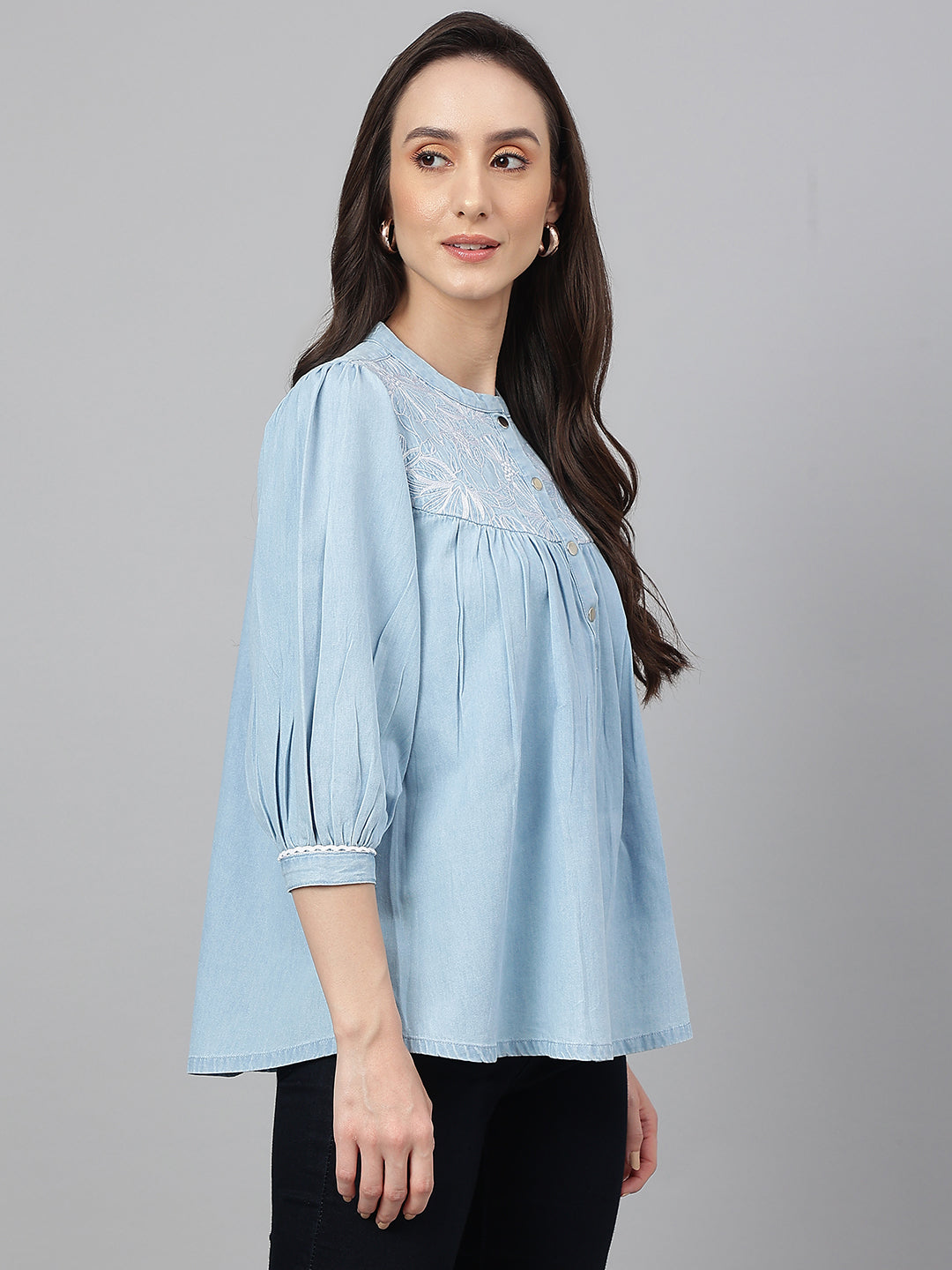 Janasya Women's Light Blue Denim Embroidered Flared Top 