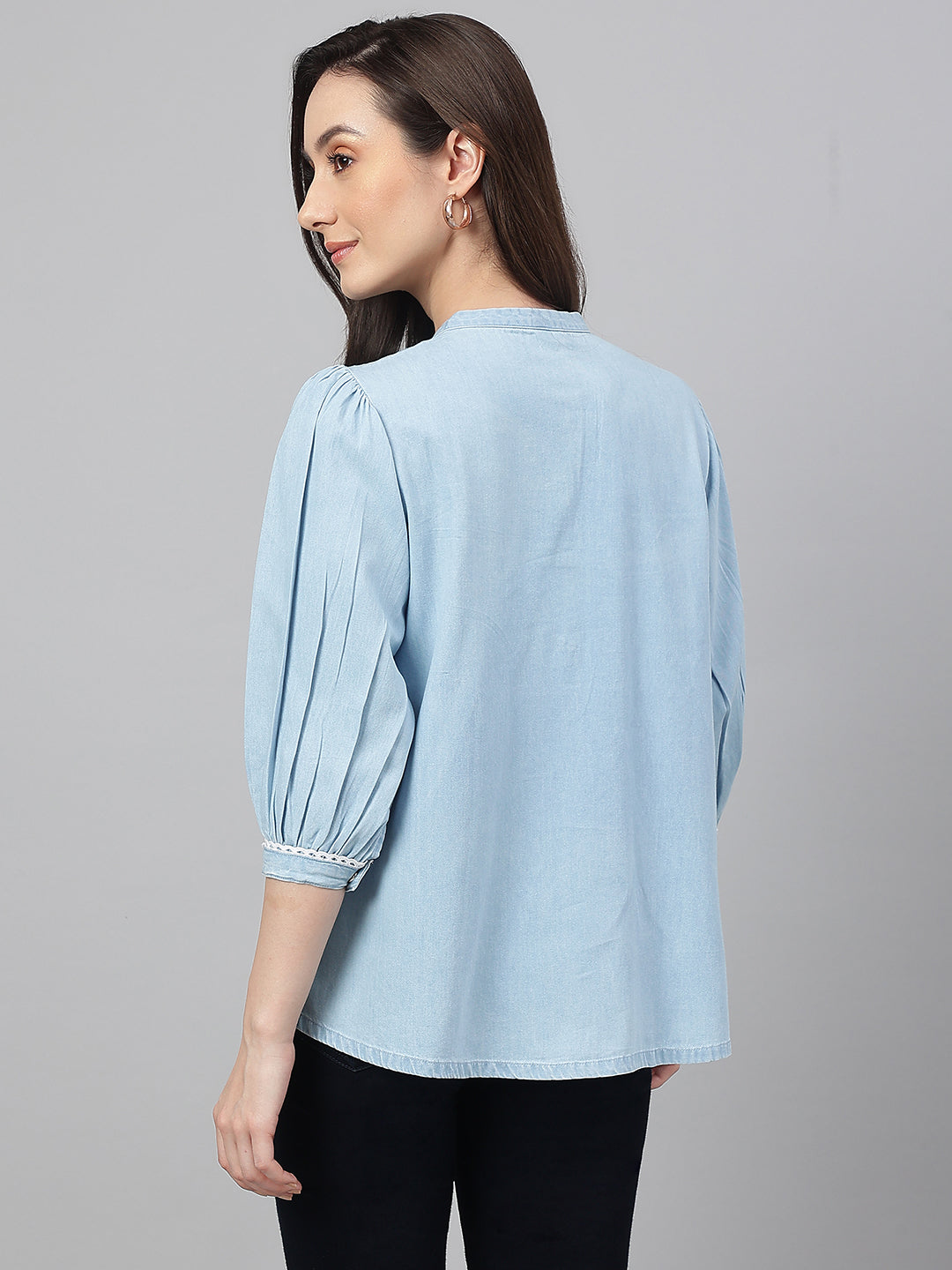 Janasya Women's Light Blue Denim Embroidered Flared Top 