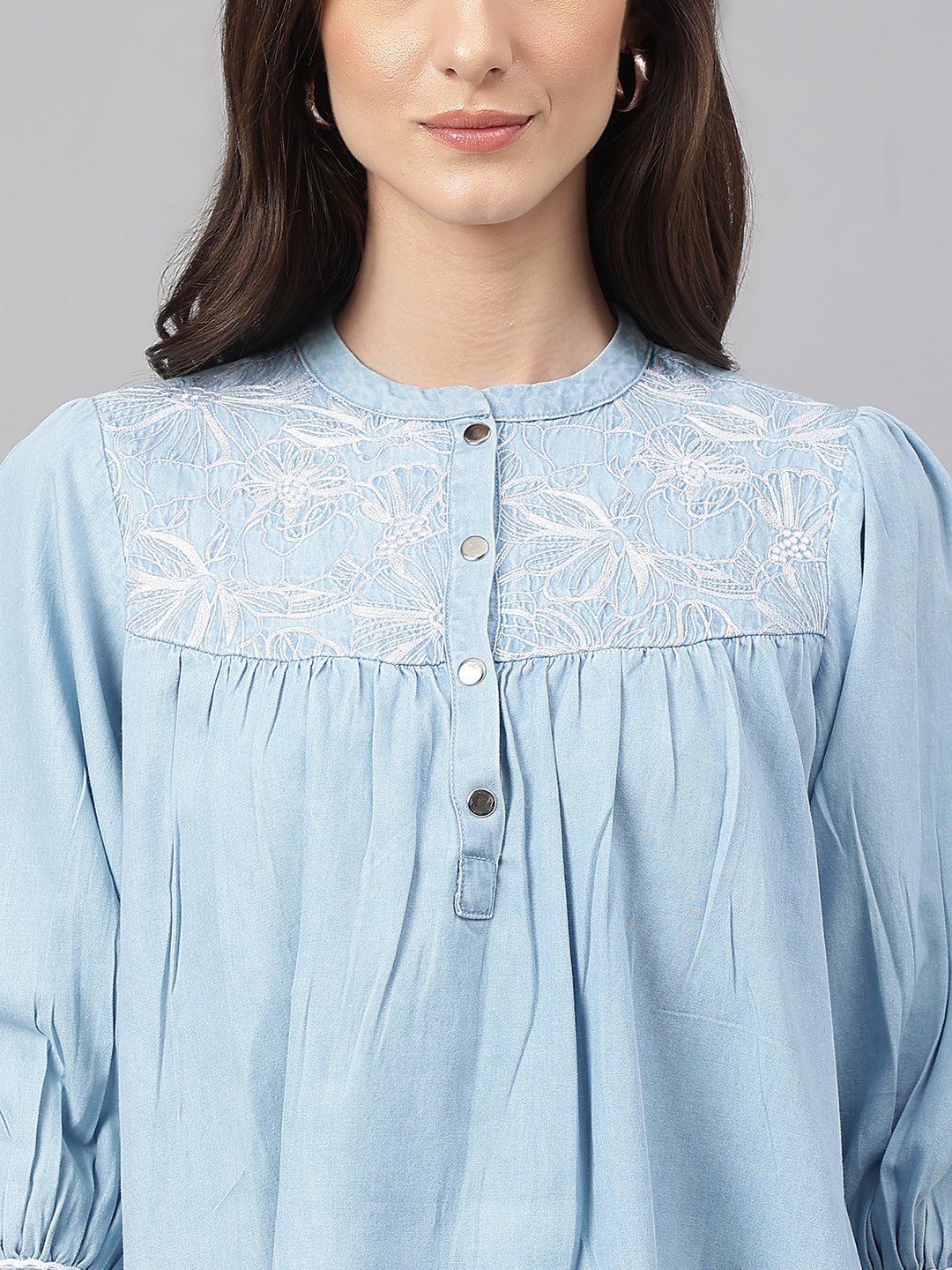 Janasya Women's Light Blue Denim Embroidered Flared Top 