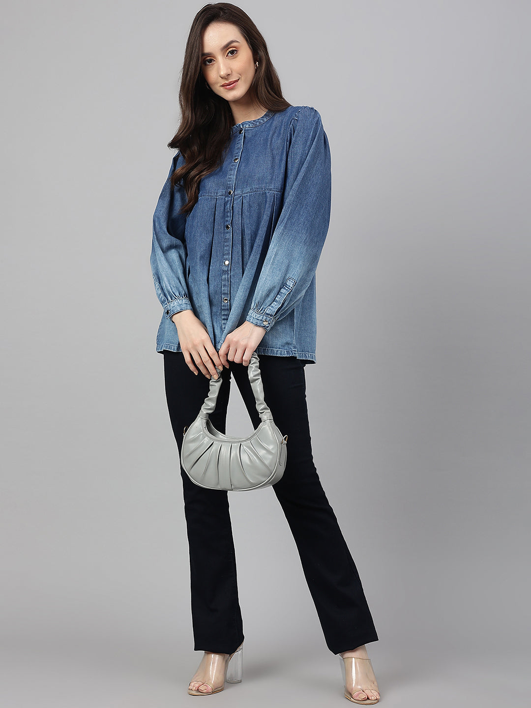 Janasya Women's Blue Denim Faded Flared Top 
