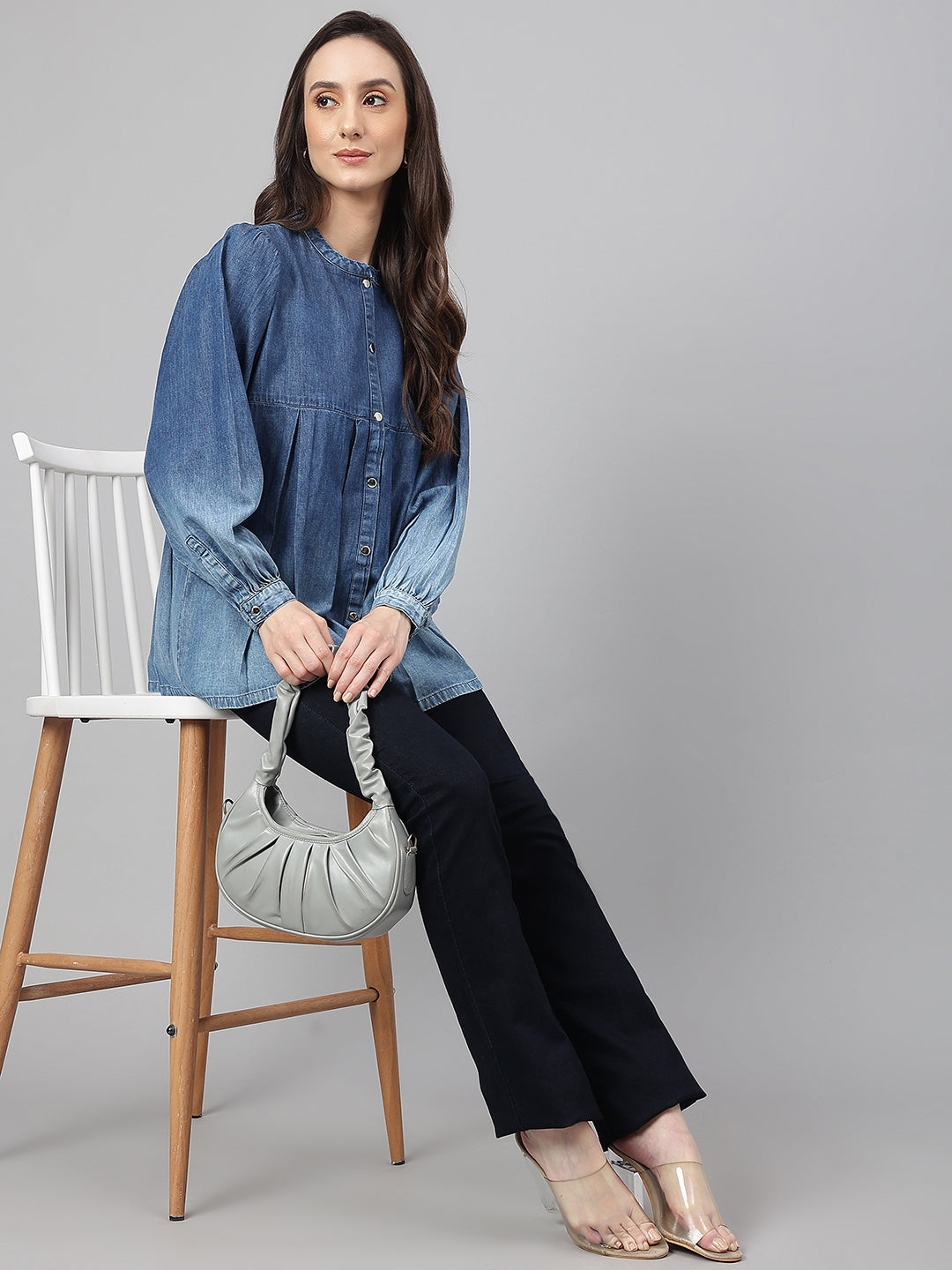 Janasya Women's Blue Denim Faded Flared Top 
