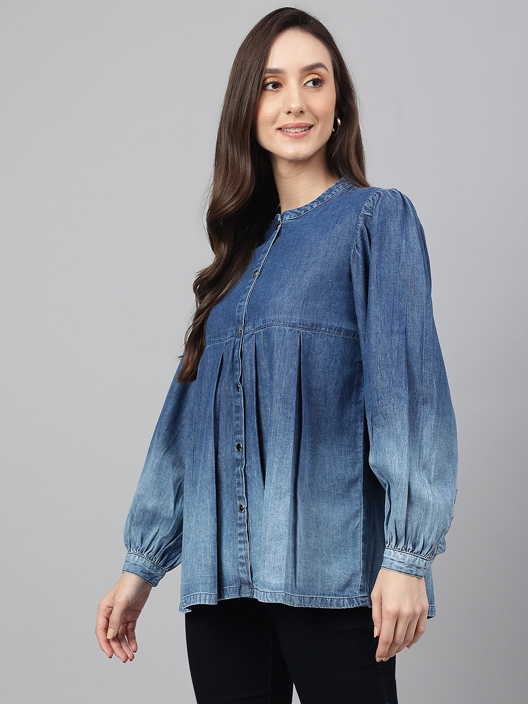 Janasya Women's Blue Denim Faded Flared Top 
