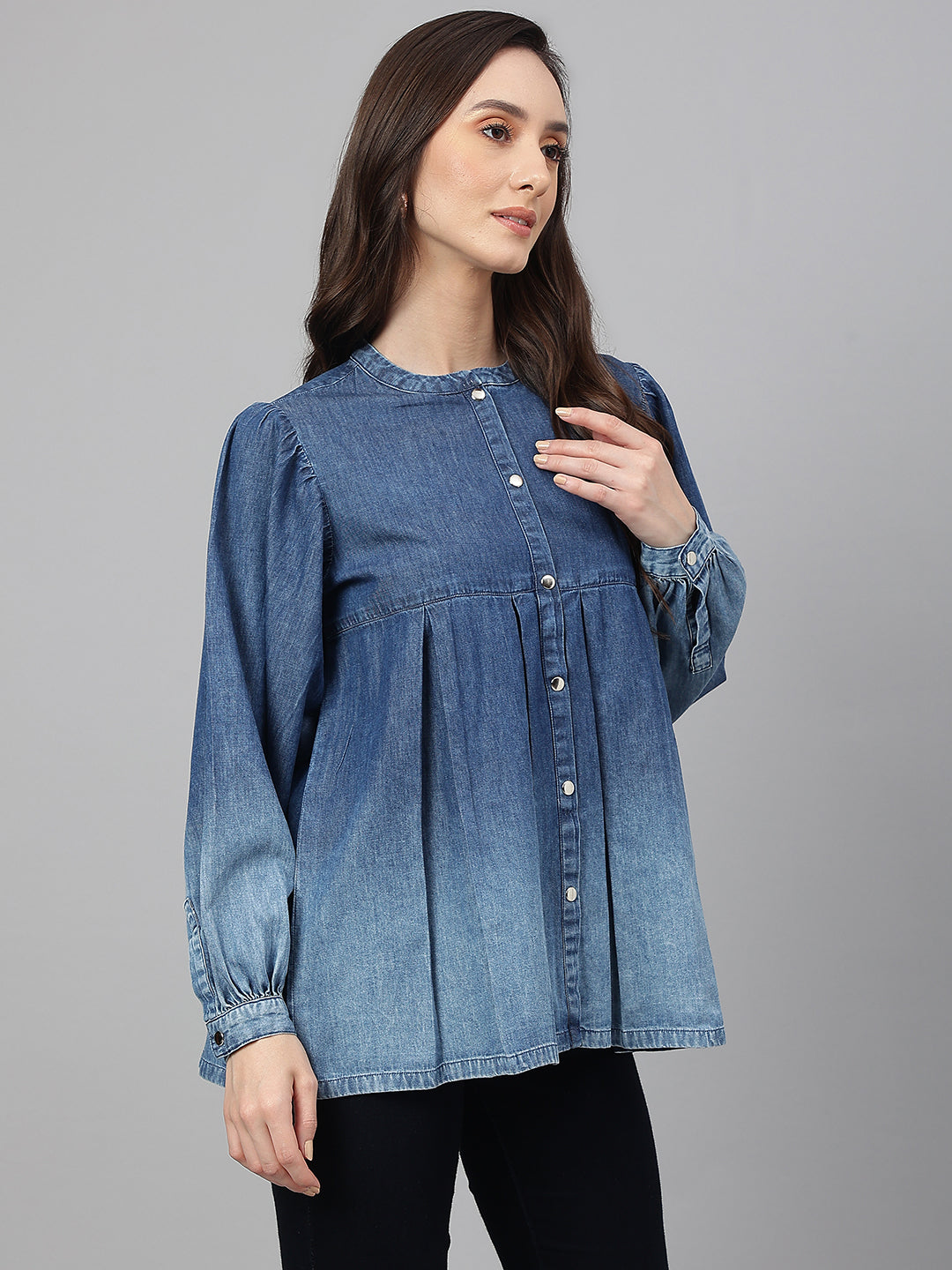 Janasya Women's Blue Denim Faded Flared Top 