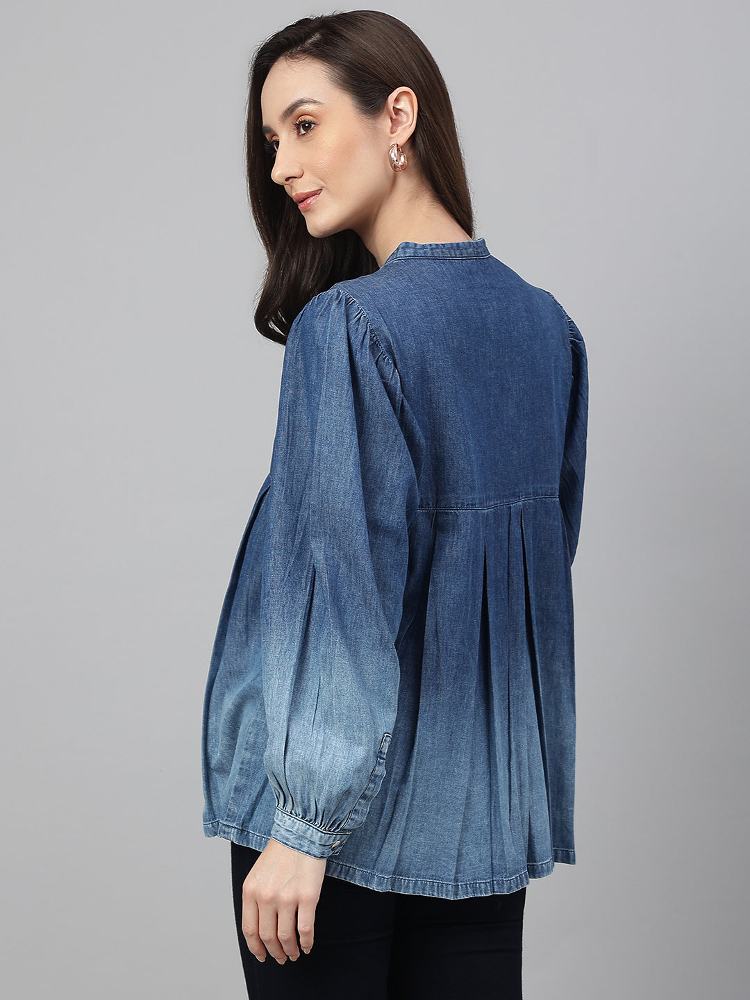 Janasya Women's Blue Denim Faded Flared Top 