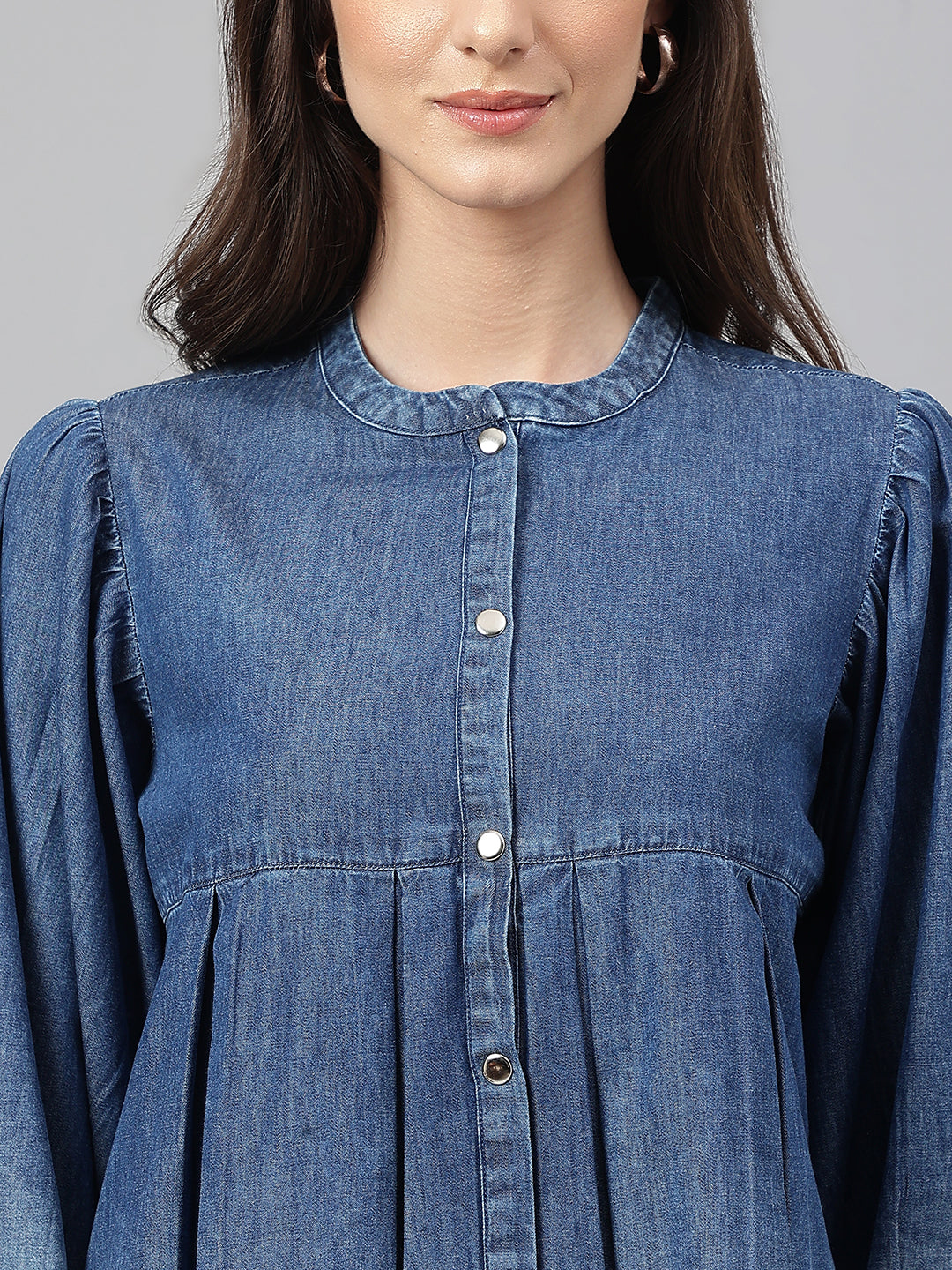 Janasya Women's Blue Denim Faded Flared Top 