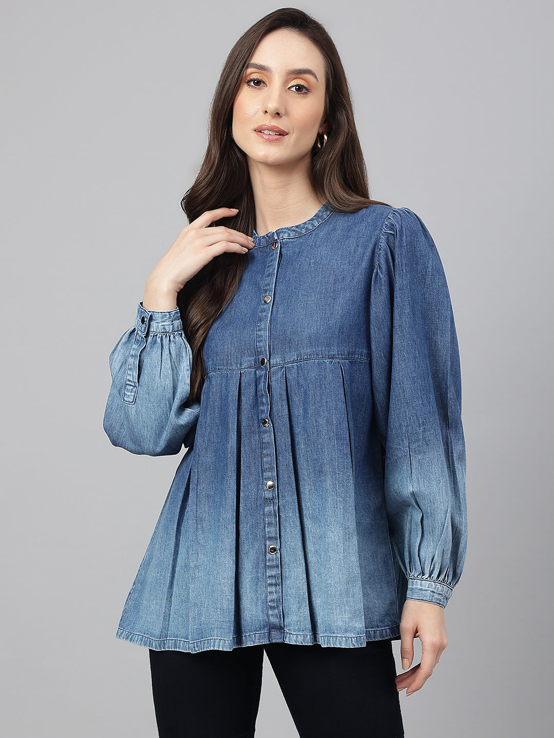 Janasya Women's Blue Denim Faded Flared Top 