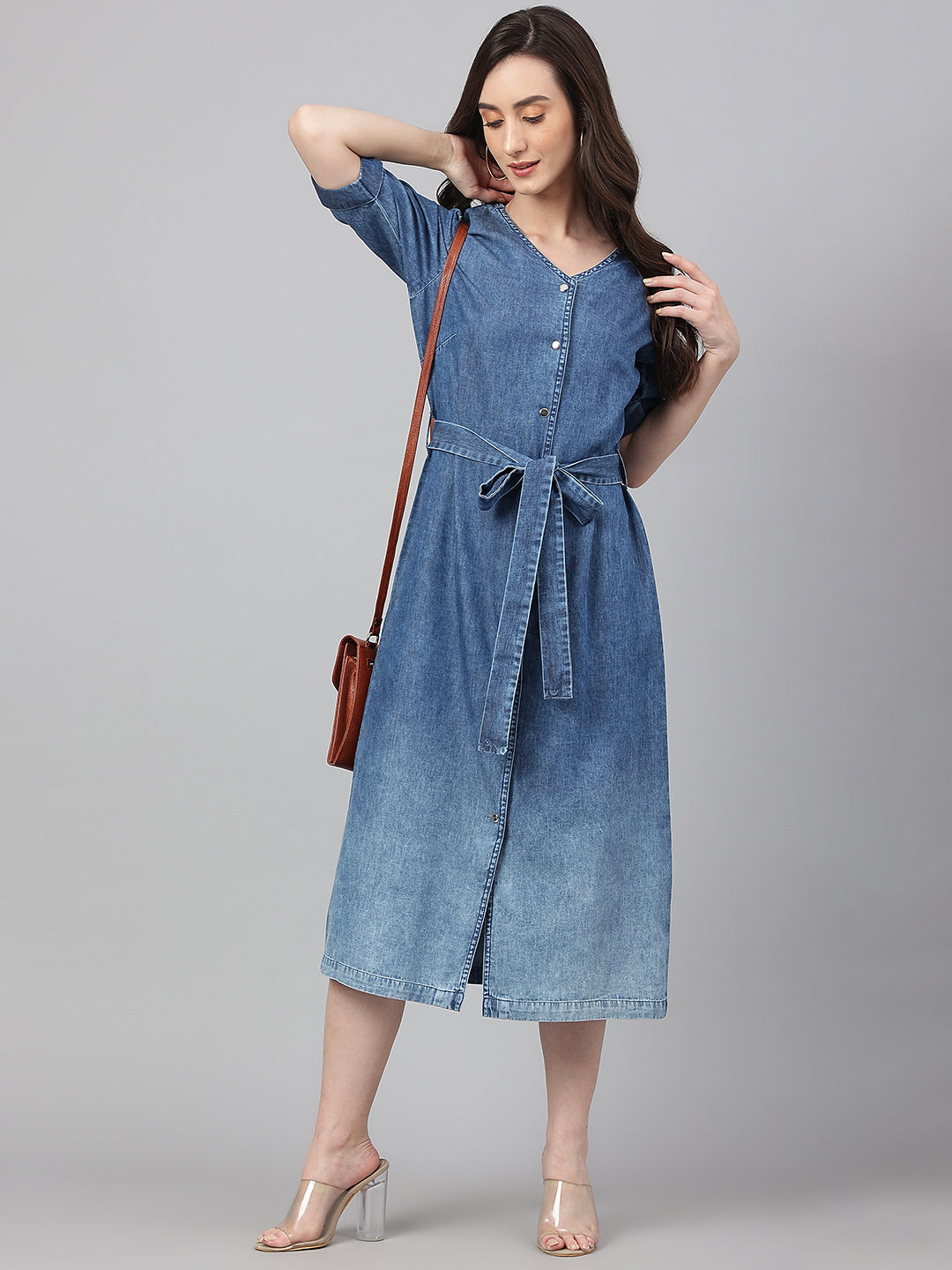 Janasya Women's Blue Denim Solid Straight Western Dress 