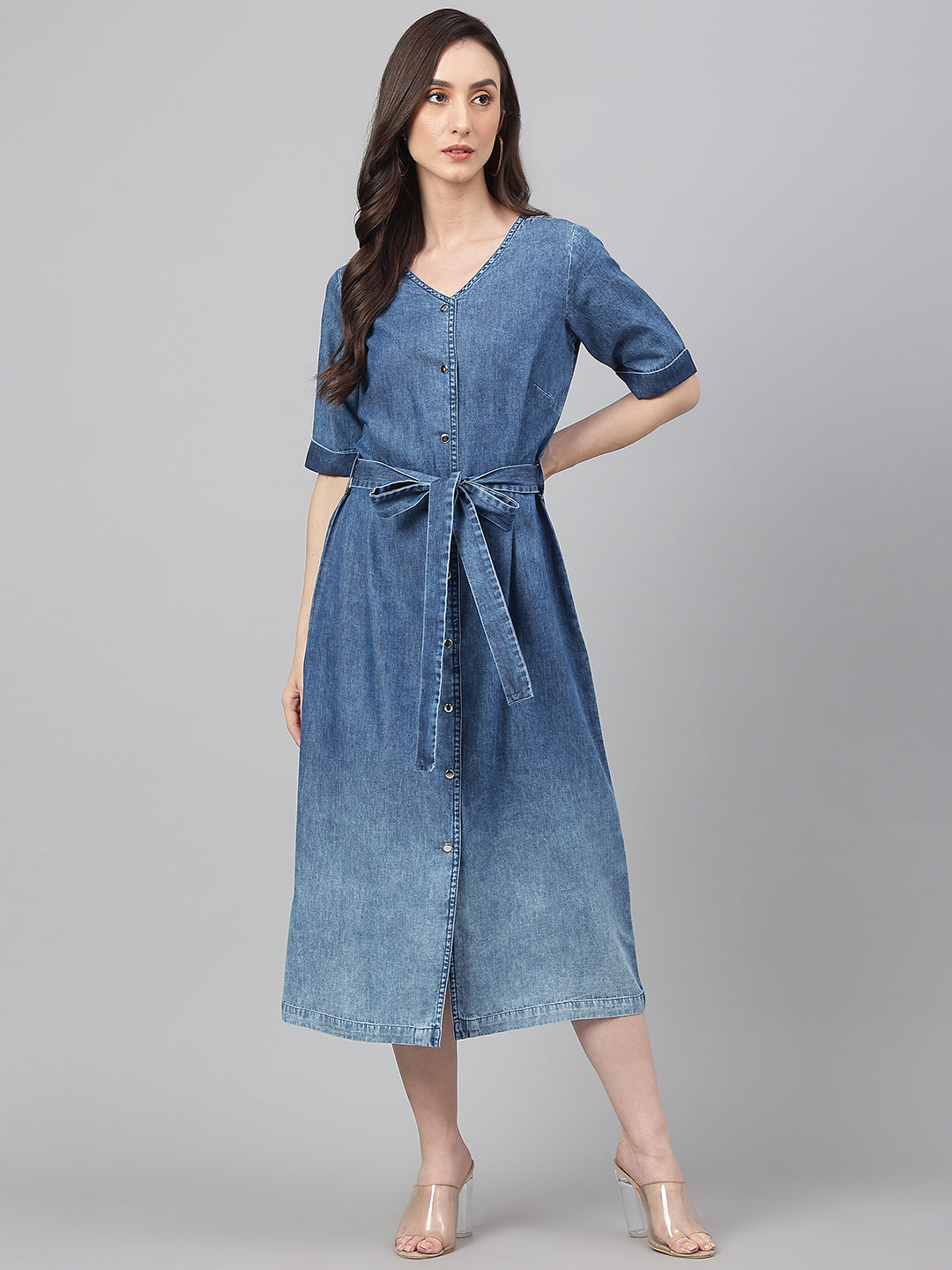 Janasya Women's Blue Denim Solid Straight Western Dress 