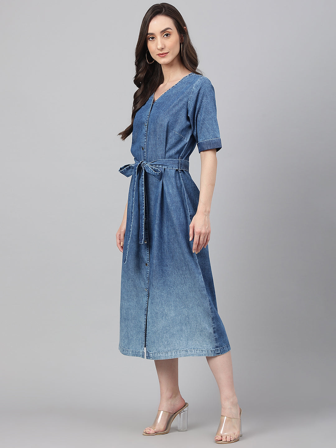 Janasya Women's Blue Denim Solid Straight Western Dress 