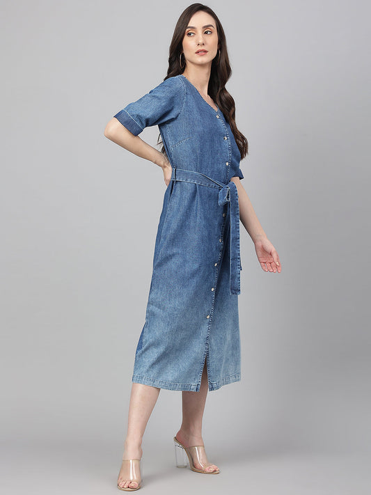 Janasya Women's Blue Denim Solid Straight Western Dress 