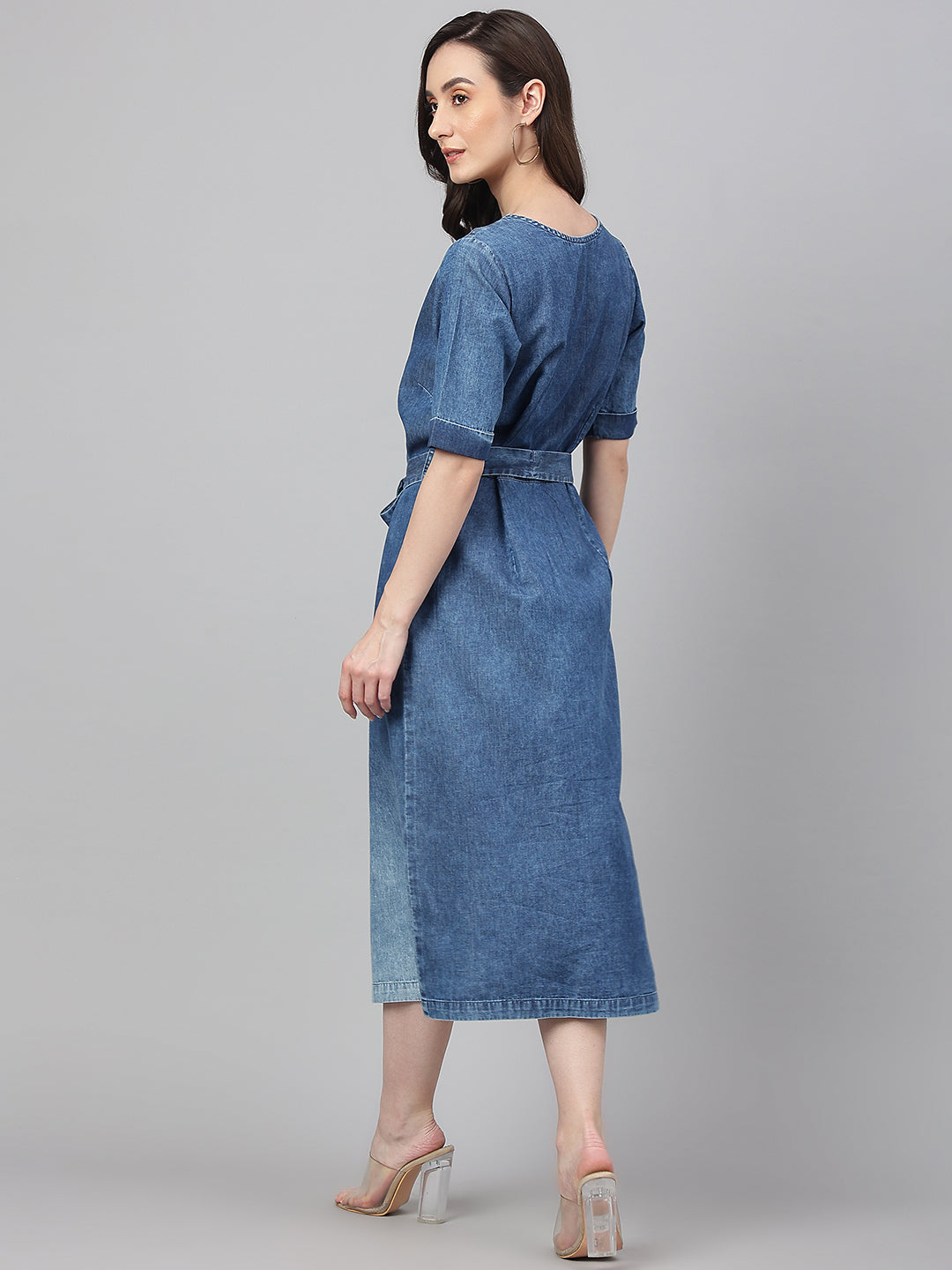 Janasya Women's Blue Denim Solid Straight Western Dress 