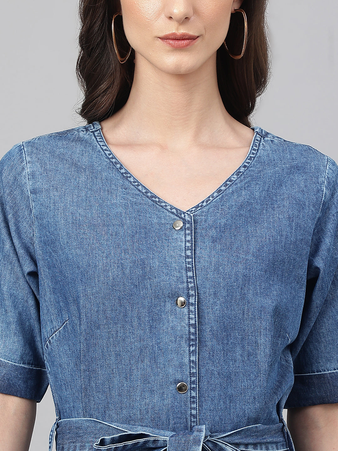 Janasya Women's Blue Denim Solid Straight Western Dress 