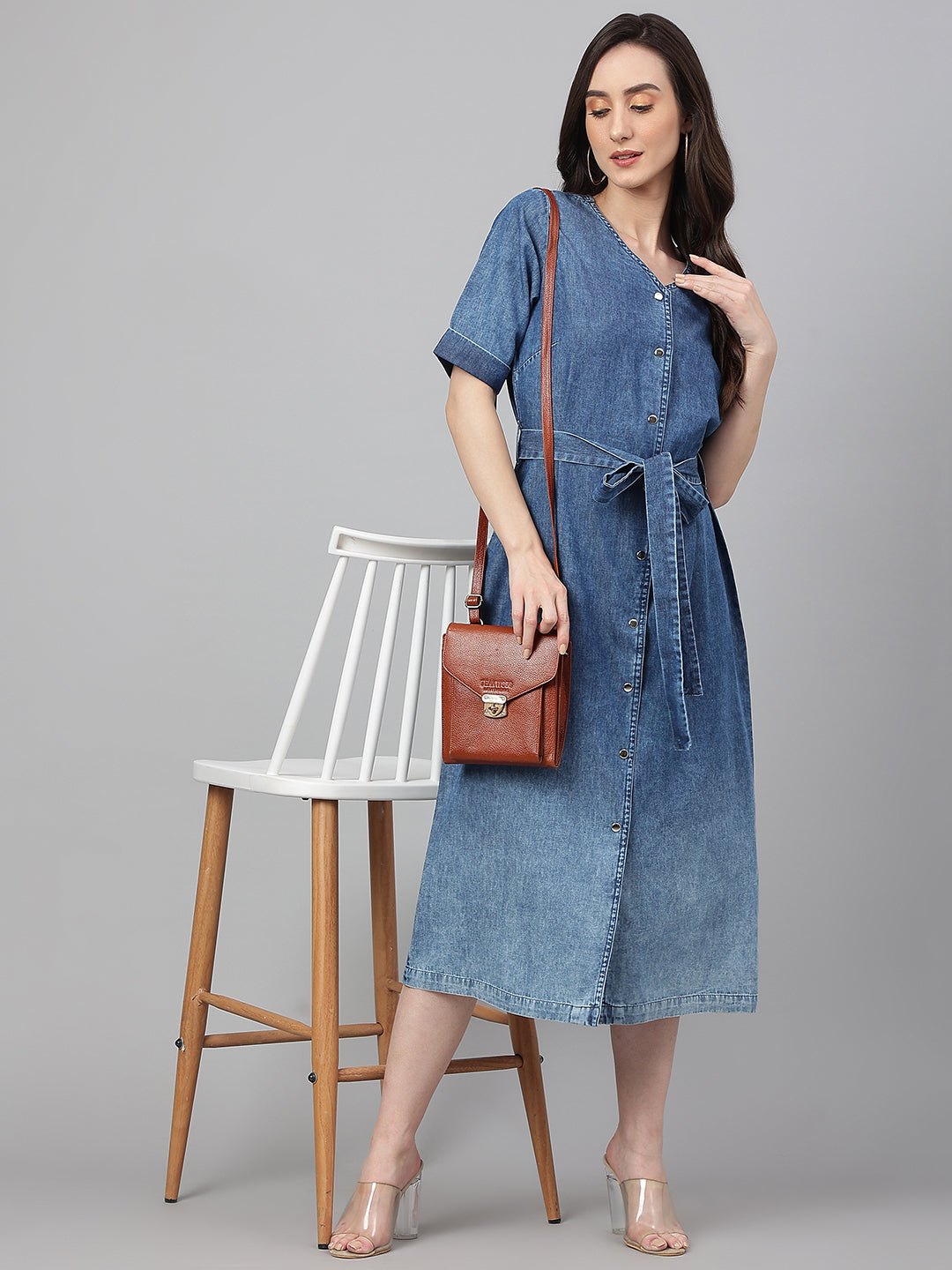 Janasya Women's Blue Denim Solid Straight Western Dress 