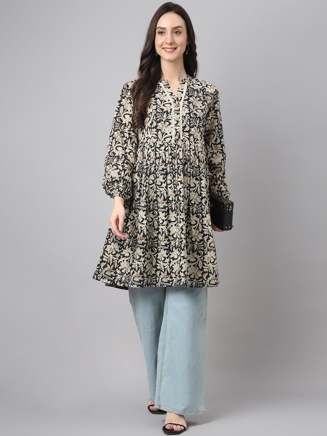 Janasya Women's Black Cotton Floral Print Casual Flared Tunic 
