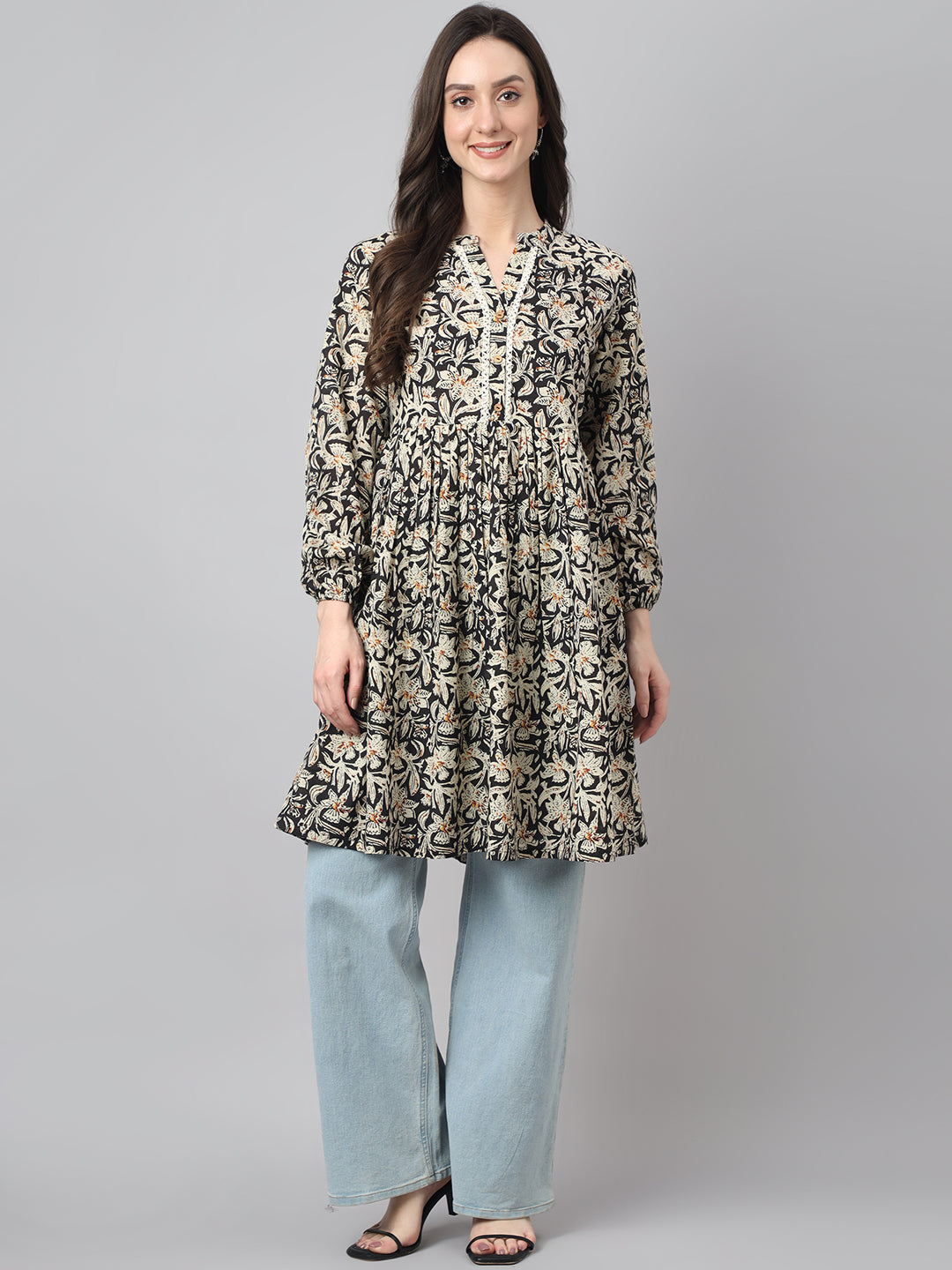 Janasya Women's Black Cotton Floral Print Casual Flared Tunic 