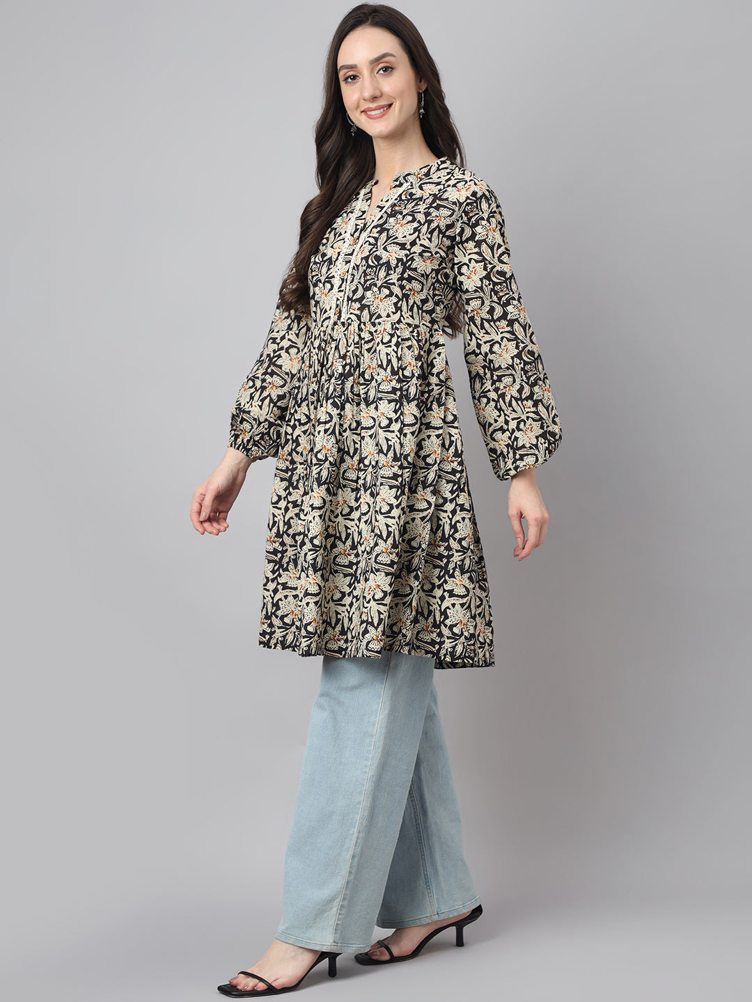 Janasya Women's Black Cotton Floral Print Casual Flared Tunic 