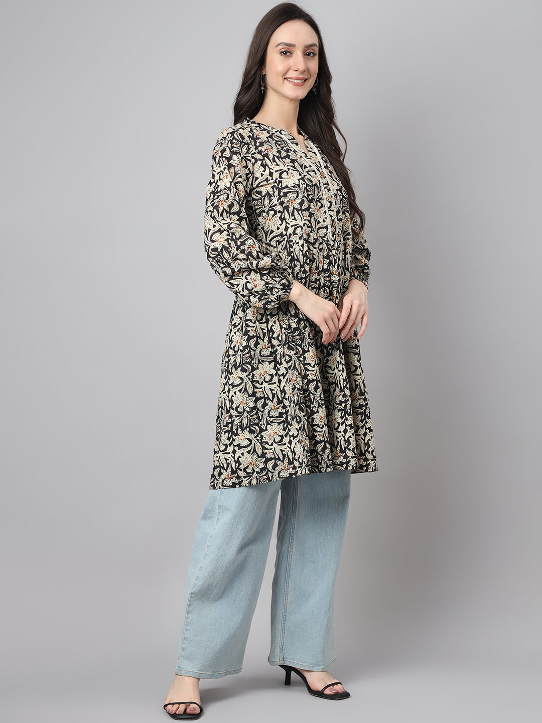 Janasya Women's Black Cotton Floral Print Casual Flared Tunic 