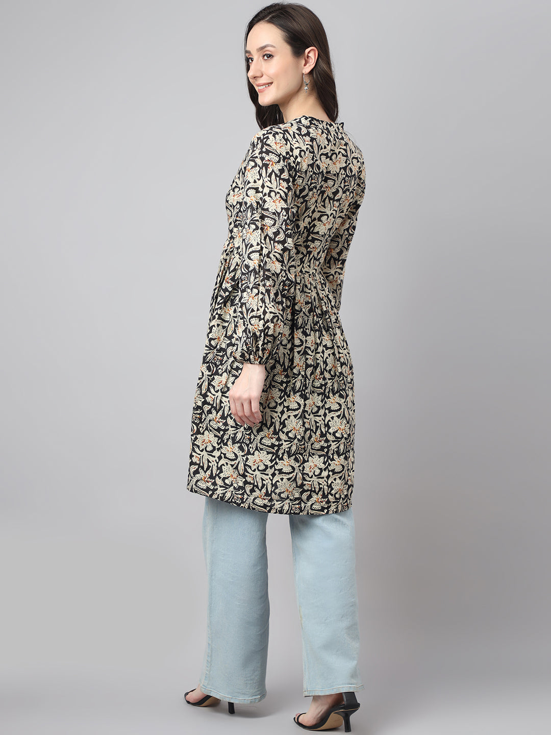 Janasya Women's Black Cotton Floral Print Casual Flared Tunic 