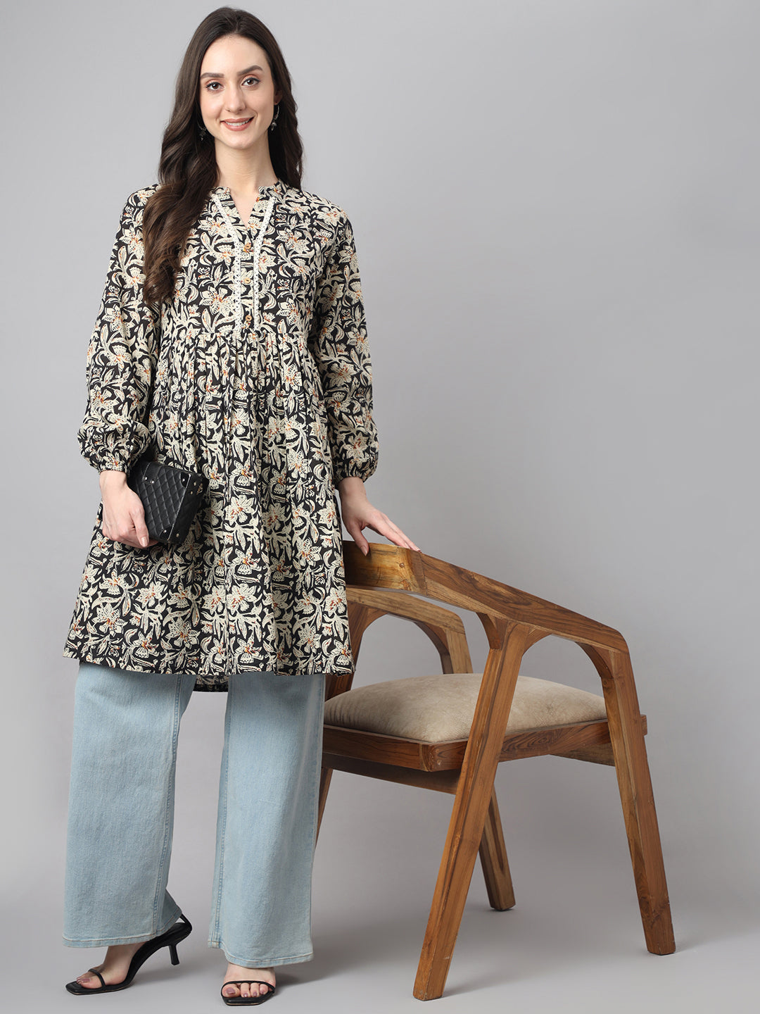 Janasya Women's Black Cotton Floral Print Casual Flared Tunic 