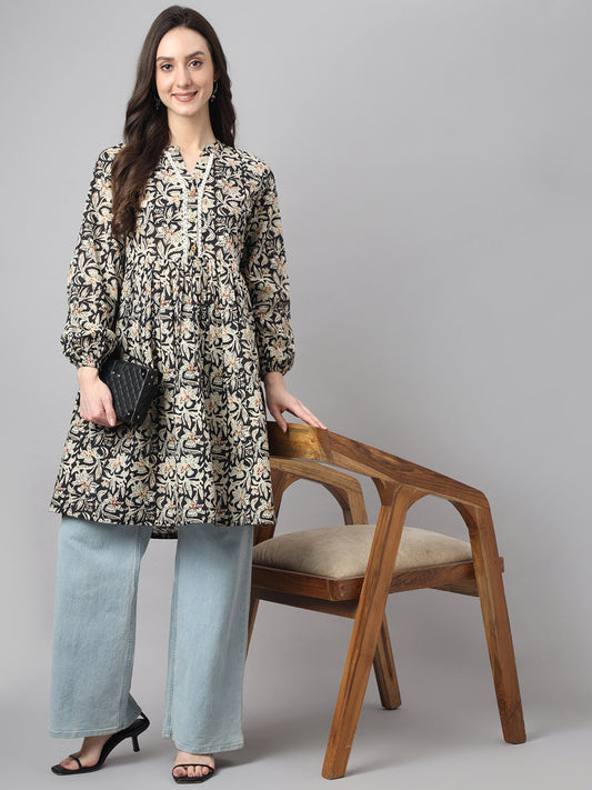 Janasya Women's Black Cotton Floral Print Casual Flared Tunic 