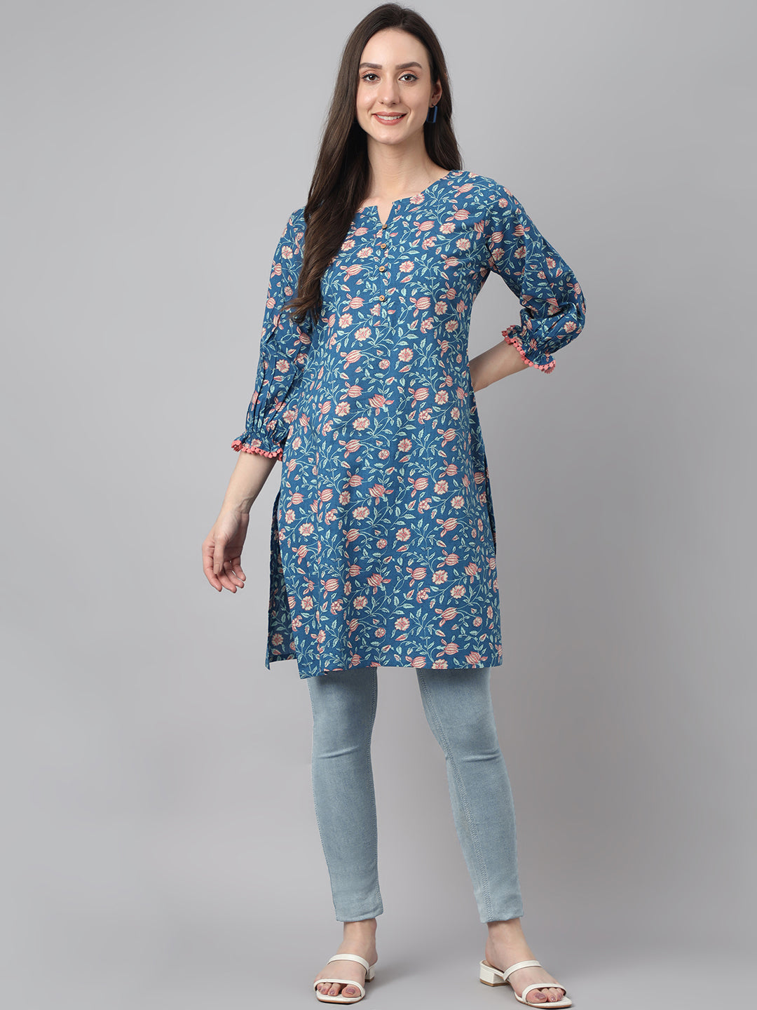 Janasya Women's Blue Cotton Floral Print Casual Regular Tunic 