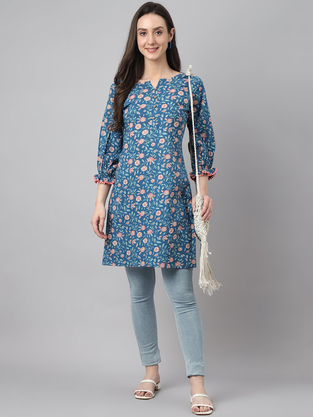 Janasya Women's Blue Cotton Floral Print Casual Regular Tunic 
