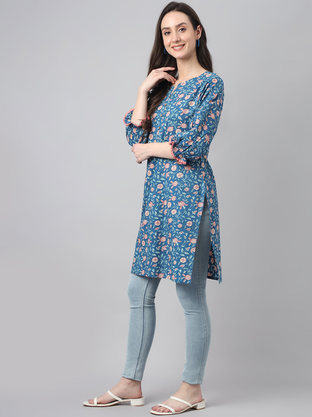 Janasya Women's Blue Cotton Floral Print Casual Regular Tunic 