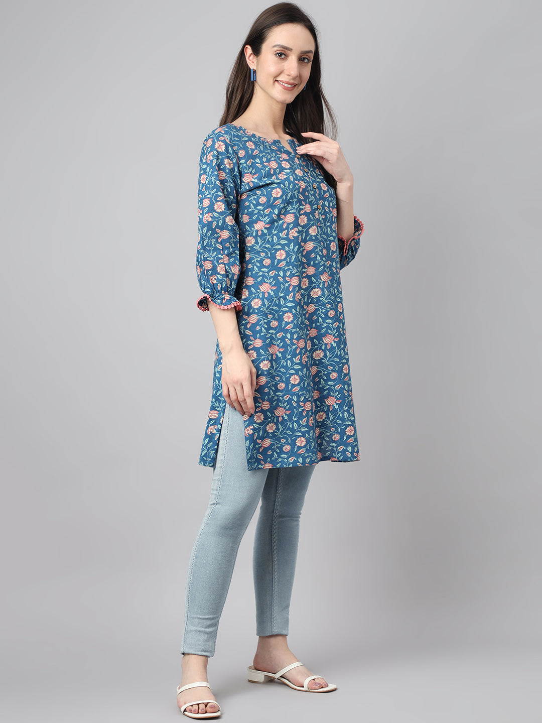 Janasya Women's Blue Cotton Floral Print Casual Regular Tunic 