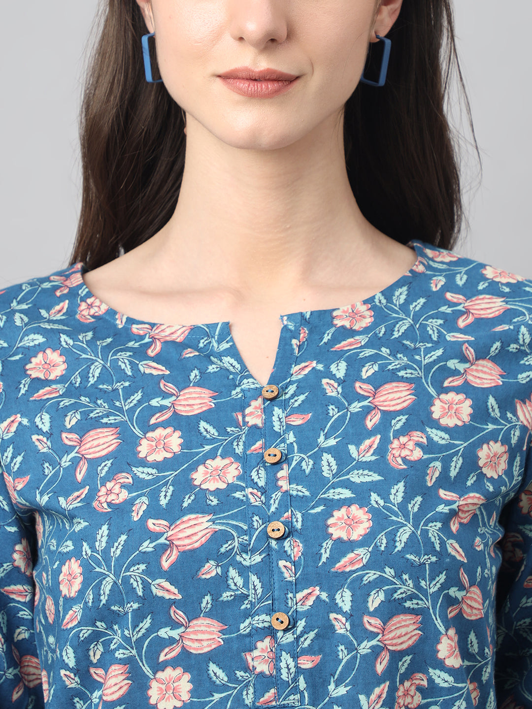 Janasya Women's Blue Cotton Floral Print Casual Regular Tunic 
