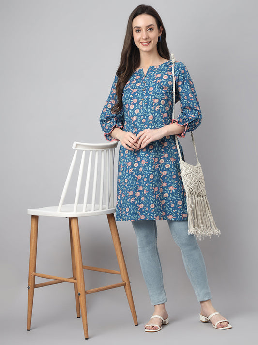 Janasya Women's Blue Cotton Floral Print Casual Regular Tunic 