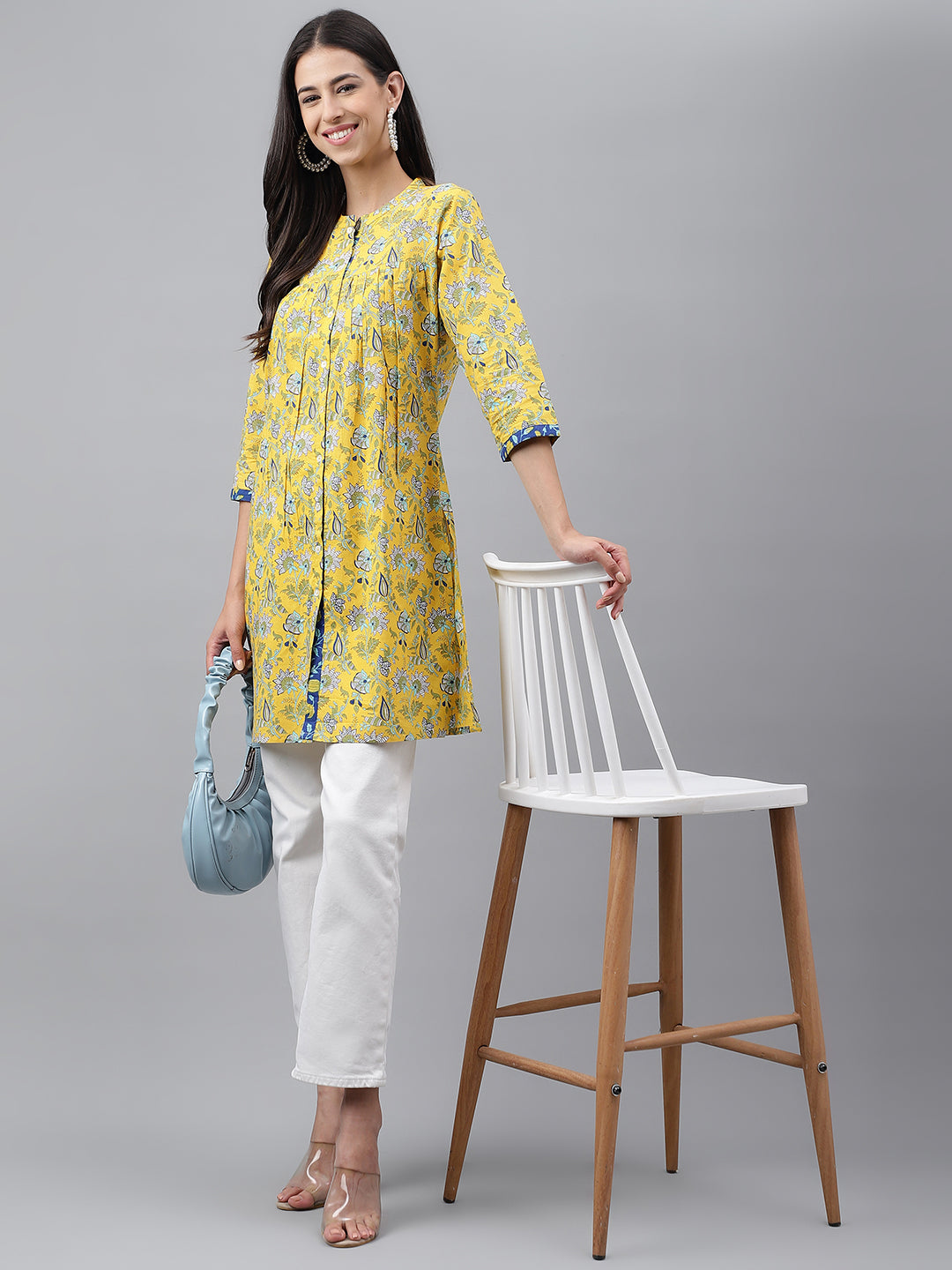 Janasya Women's Yellow Cotton Floral Print Casual Empire Tunic 