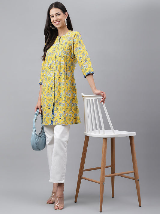 Janasya Women's Yellow Cotton Floral Print Casual Empire Tunic 