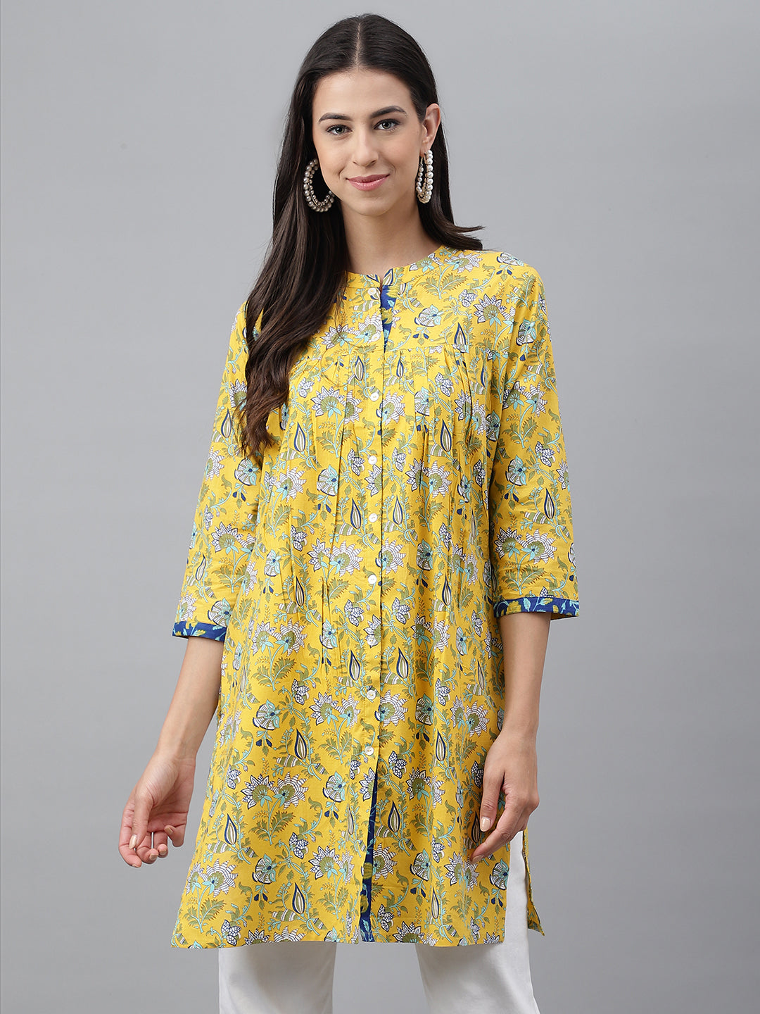 Janasya Women's Yellow Cotton Floral Print Casual Empire Tunic 