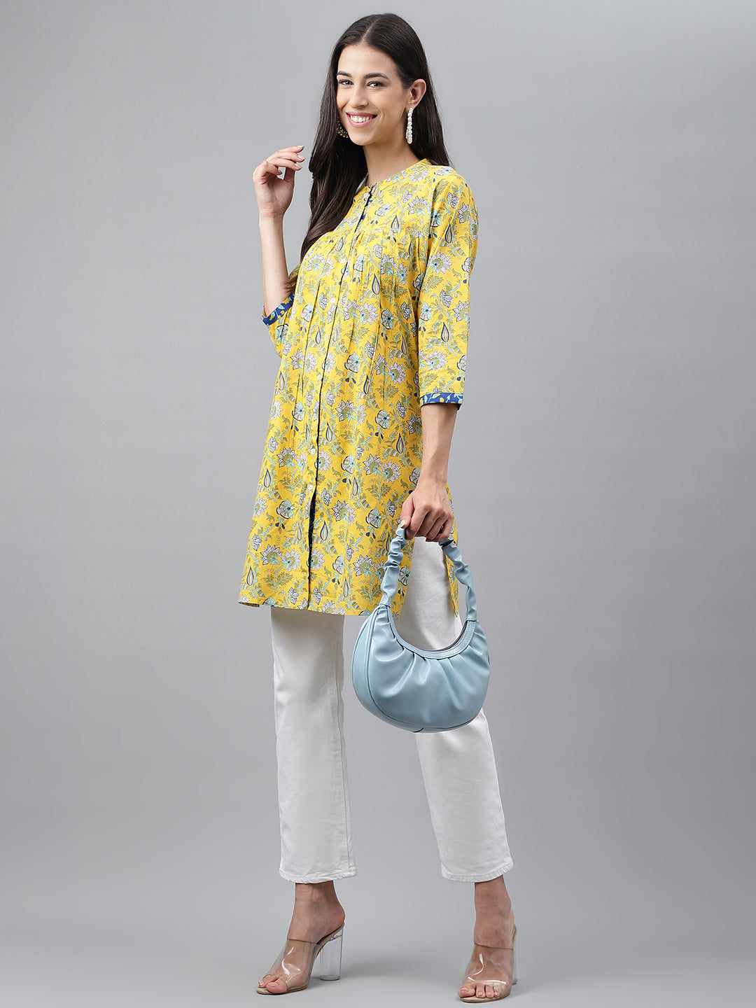 Janasya Women's Yellow Cotton Floral Print Casual Empire Tunic 